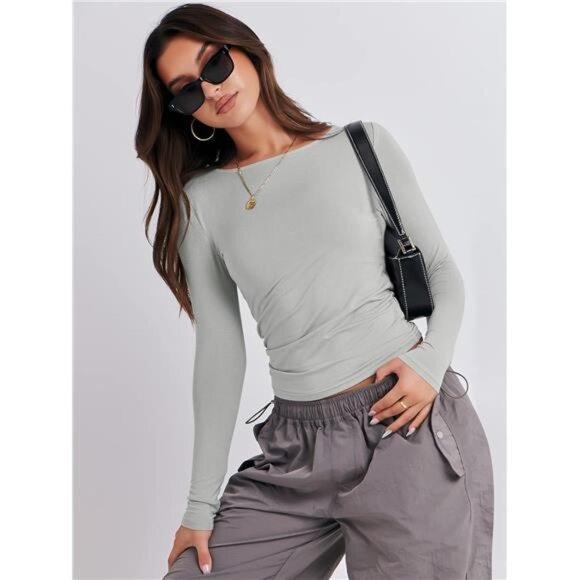 Women’s Basic Crewneck Long Sleeve Grey‎ Shirts Tight Fitted Going Out Crop Tops - Picture 4 of 6